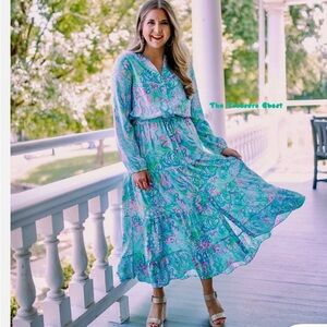 Lilly Pulitzer Aqua and Pink Long Sleeve Dress